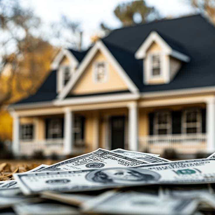 5 Insane Benefits Of Cash Buyer For Homes Stack of dollar bills in front of a suburban house, representing real estate investment or home buying. | Sky Rye Design Stack of dollar bills in front of a suburban house, representing real estate investment or home buying.