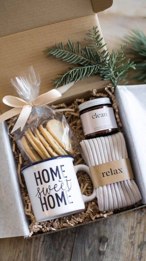 5 Unique DIY Christmas Gifts for Friends You Can Make in Under an Hour Gift box with mug, cookies, candle, and socks set on a wood background. | Sky Rye Design Gift box with mug, cookies, candle, and socks set on a wood background.
