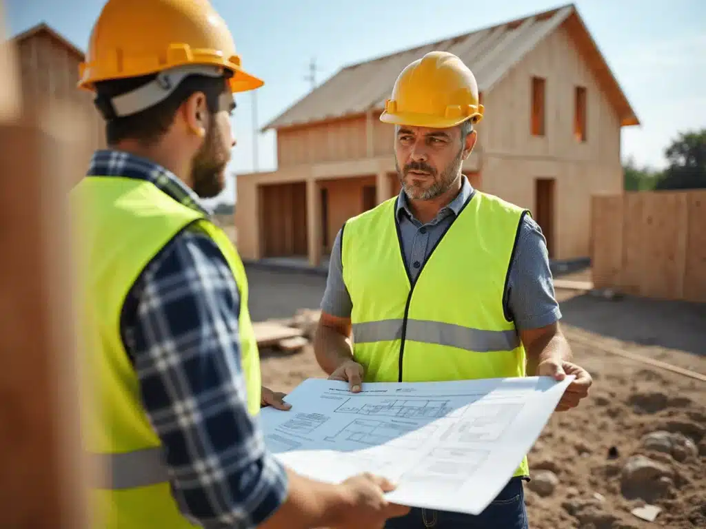 5-steps-on-how-to-become-a-home-builder-successfully-1 Construction workers in safety vests and helmets discuss blueprints at a building site with wooden structures. | Sky Rye Design Construction workers in safety vests and helmets discuss blueprints at a building site with wooden structures.