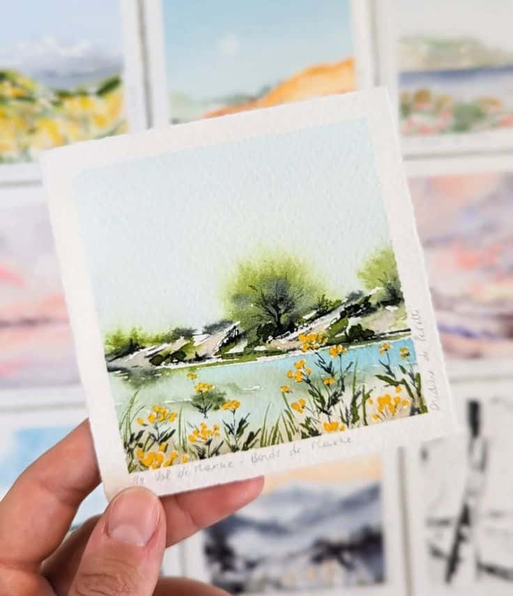 Hand holding a watercolor landscape painting with yellow flowers and green trees by a river. Various artworks in background.