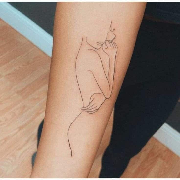 50c60b6c-08db-49ac-800e-4cd5ac40130d Minimalist line art tattoo on forearm featuring a woman’s silhouette, showcasing elegant and subtle design. | Sky Rye Design Minimalist line art tattoo on forearm featuring a woman’s silhouette, showcasing elegant and subtle design.
