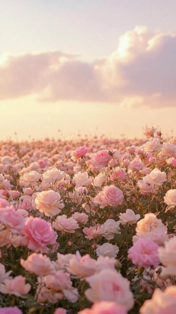 50c79c5d-8e99-481b-be16-6e43a7c414b1 Field of blooming pink roses under a soft, cloudy sunset sky, creating a serene and picturesque scene. | Sky Rye Design Field of blooming pink roses under a soft, cloudy sunset sky, creating a serene and picturesque scene.