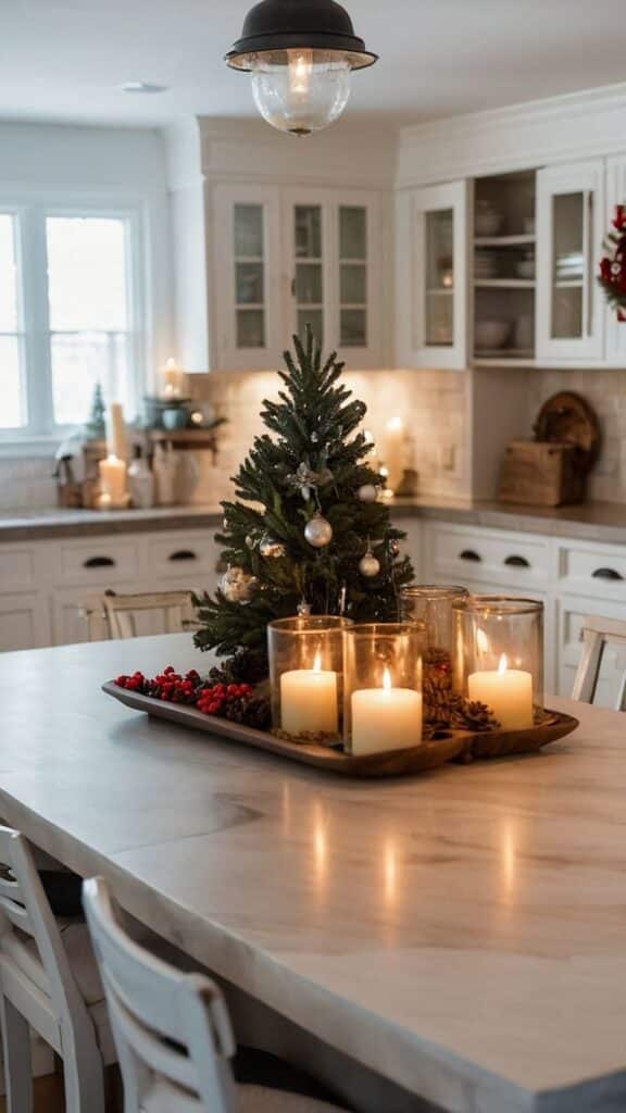 Cozy kitchen with festive table centerpiece featuring candles, mini Christmas tree, berries, and pinecones.