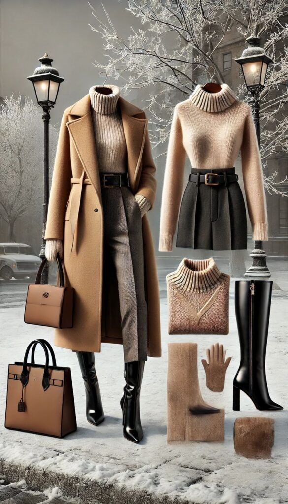 515bc591-f3e6-4e41-bf95-e87d07c3f5d9 Winter fashion ensemble with camel coat, knit sweaters, boots, and accessories in a snowy urban setting. | Sky Rye Design Winter fashion ensemble with camel coat, knit sweaters, boots, and accessories in a snowy urban setting.