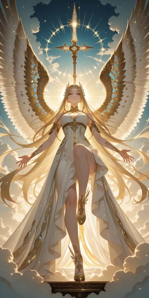 Heavenly angel with golden wings and gown standing amidst clouds, sword of light glowing above.