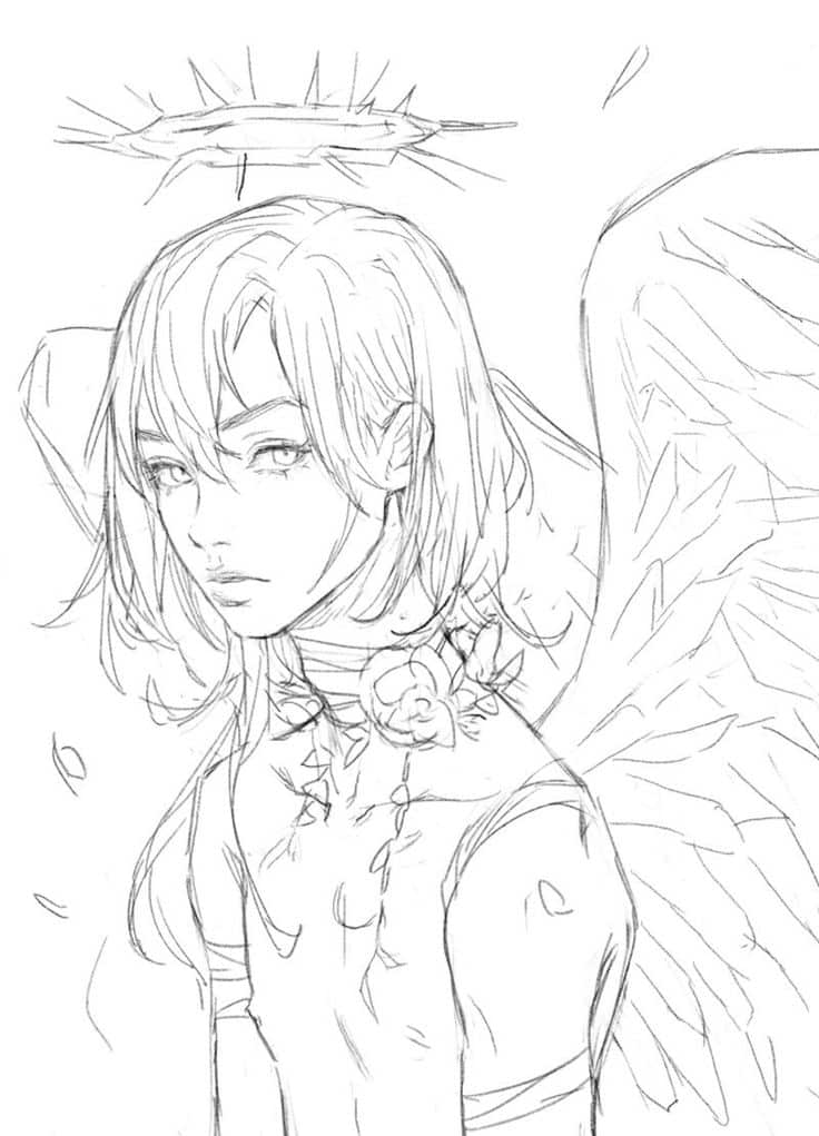 Pencil sketch of an angelic figure with wings, halo, and floral elements.