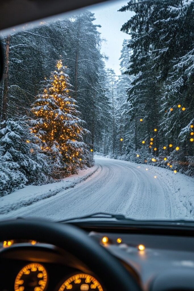52 Snowy Cabin Van Christmas Ideas Snowy forest road with a decorated Christmas tree glowing in the evening, viewed from a car windshield. | Sky Rye Design Snowy forest road with a decorated Christmas tree glowing in the evening, viewed from a car windshield.