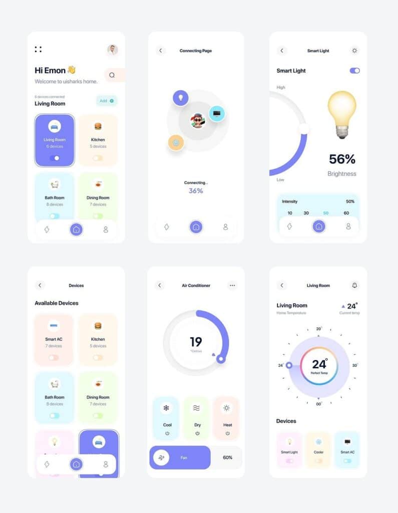 Smart home app interface showing device control, brightness, temperature, and connectivity settings for different rooms.