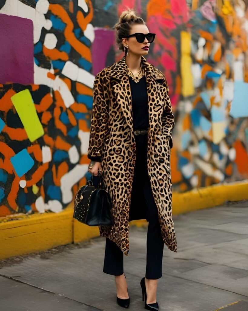522e4e8453b4d1b87561962061db7bd0 Fashionable woman in leopard print coat and sunglasses walking past colorful graffiti wall. | Sky Rye Design Fashionable woman in leopard print coat and sunglasses walking past colorful graffiti wall.
