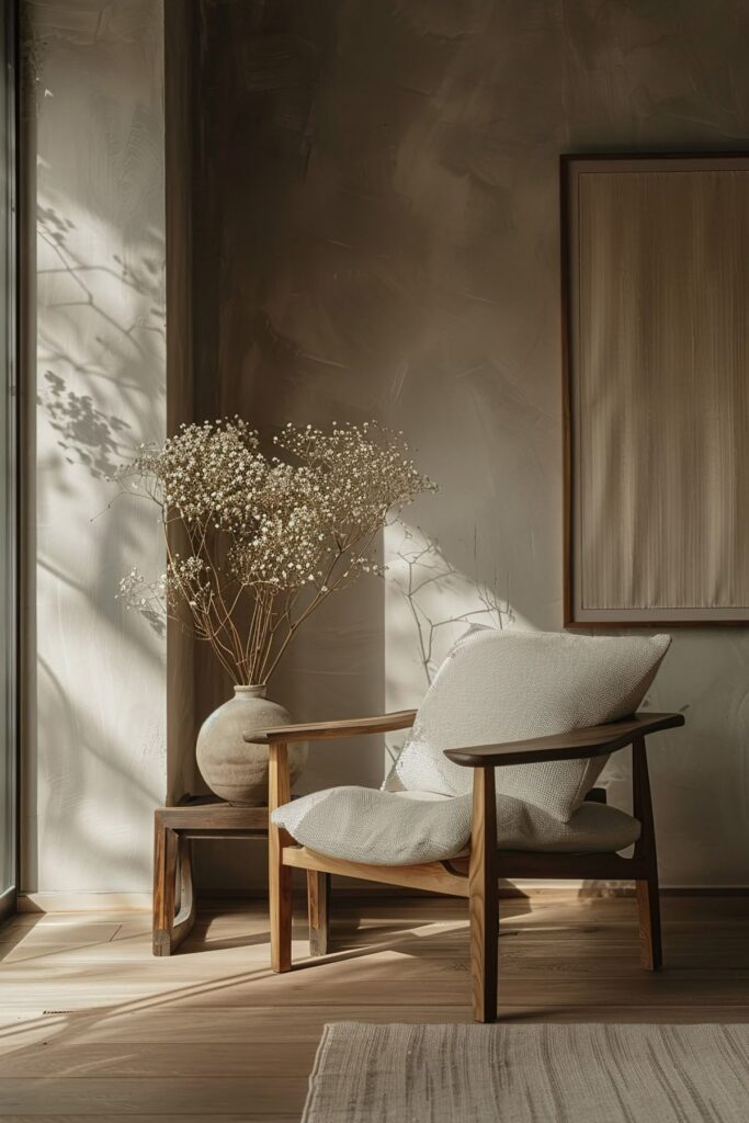 533096c8f2c104d0d60fdf0a793361da Minimalist living room with wooden chair, cozy white cushion, and vase of dried flowers in sunlight. | Sky Rye Design Minimalist living room with wooden chair, cozy white cushion, and vase of dried flowers in sunlight.