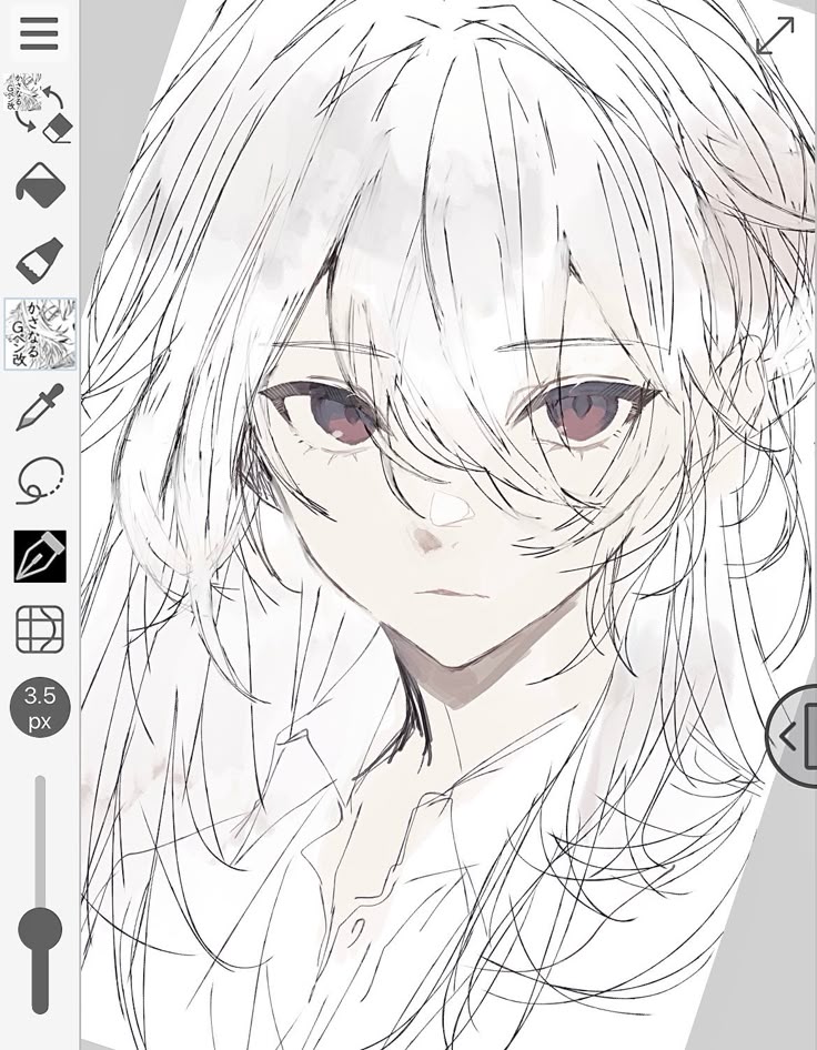 536ca3e1b2e29a4196c91e954c814f69 Sketch of an anime character with long white hair and purple eyes in a drawing app interface. | Sky Rye Design Sketch of an anime character with long white hair and purple eyes in a drawing app interface.