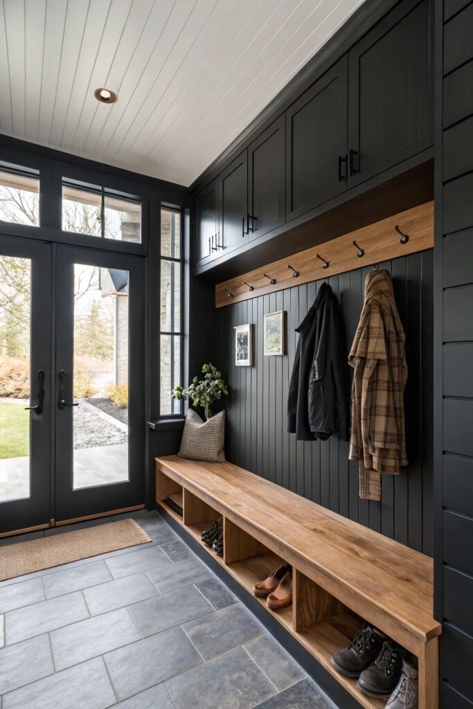Modern mudroom with wooden bench, coat hooks, and storage, featuring black cabinetry and large windows.