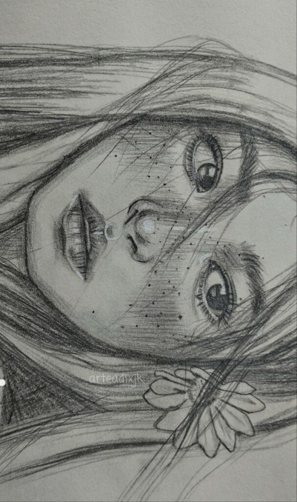 53af1f73-0927-404f-bd8b-0f79af169e1a Pencil sketch of a woman with freckles and a flower in her hair, featuring detailed expressive eyes. | Sky Rye Design Pencil sketch of a woman with freckles and a flower in her hair, featuring detailed expressive eyes.