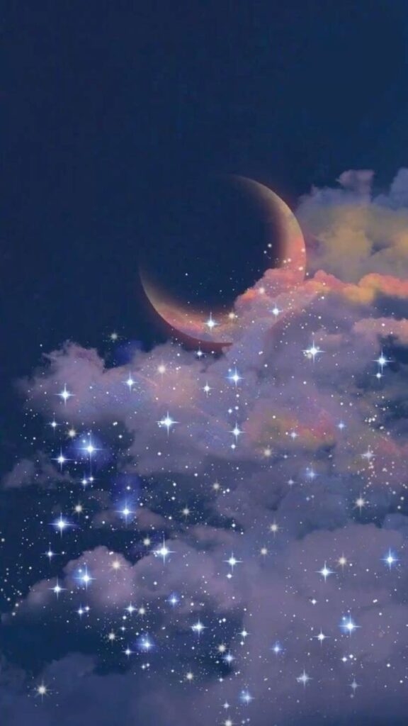 53b9bb39-ca3e-4ea5-abfc-ce433ec497dc Crescent moon and sparkling stars illuminate colorful clouds in a dreamy night sky. | Sky Rye Design Crescent moon and sparkling stars illuminate colorful clouds in a dreamy night sky.