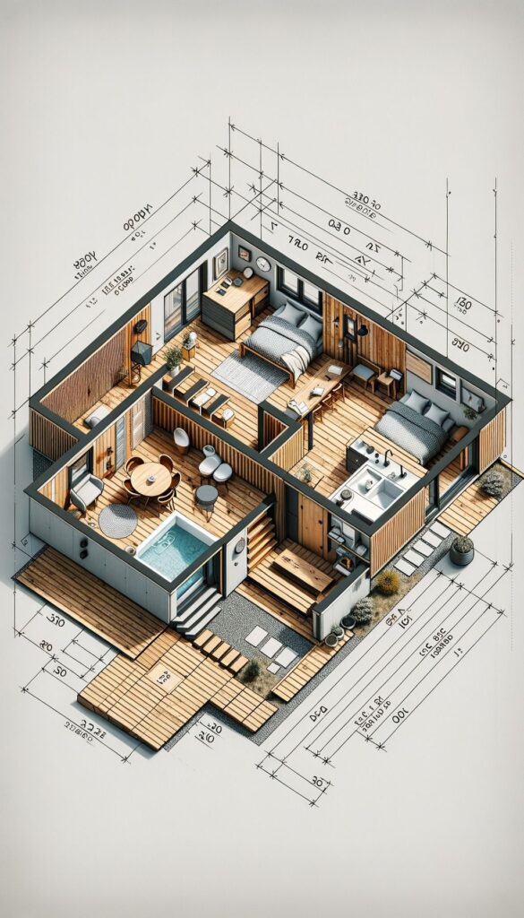 5425821854cde49647fe1ae59913701c 3D floor plan of a modern apartment with two bedrooms, living room, kitchen, and wooden deck. | Sky Rye Design 3D floor plan of a modern apartment with two bedrooms, living room, kitchen, and wooden deck.
