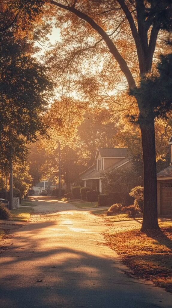 546fa23f-18bb-4b48-8eee-0cf3dc63193c Sunlit suburban street in autumn with trees and houses, creating a cozy, warm atmosphere. | Sky Rye Design Sunlit suburban street in autumn with trees and houses, creating a cozy, warm atmosphere.