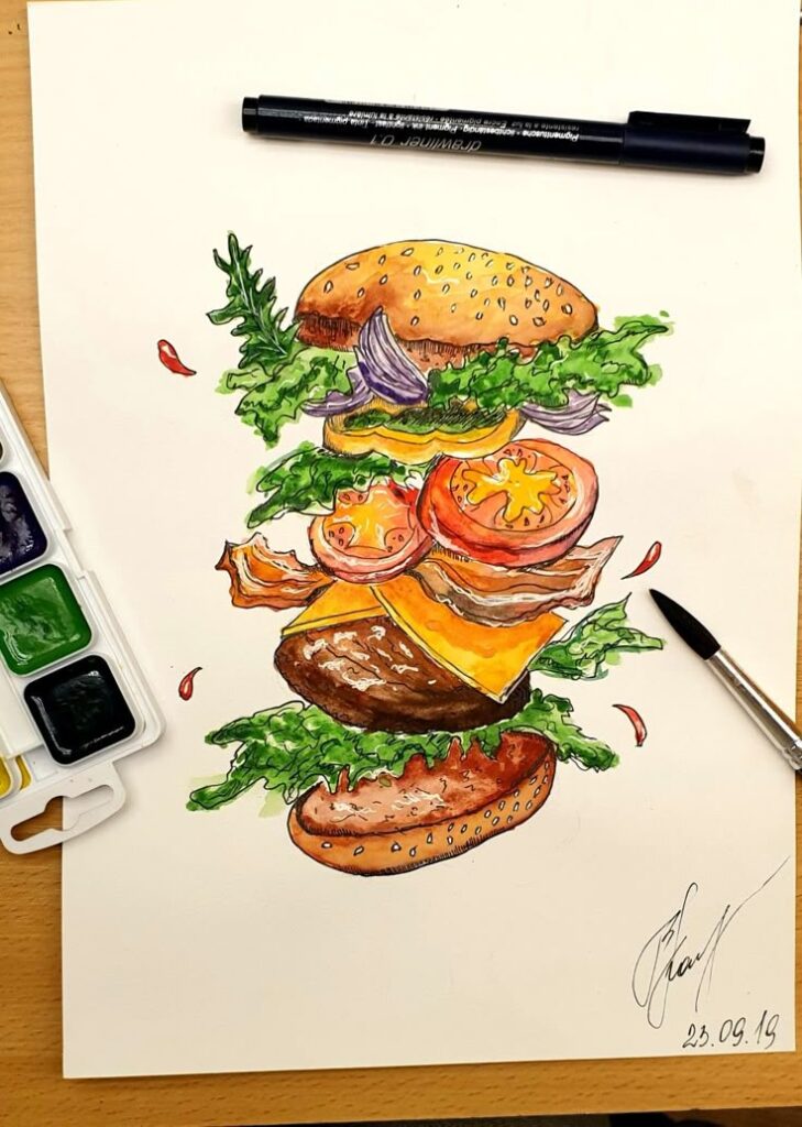 Watercolor hamburger illustration with floating ingredients, including lettuce, cheese, and tomato, on a white sheet.