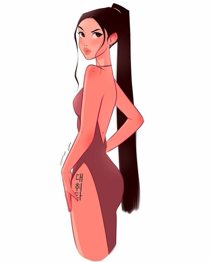 Stylish cartoon woman with long hair and elegant dress, showcasing intricate arm tattoo.