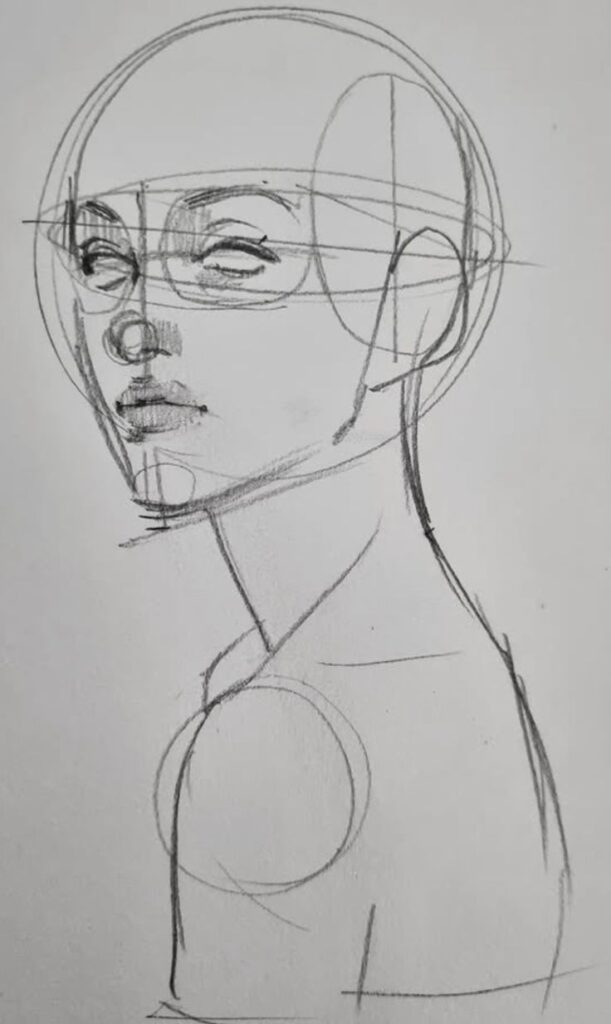 Pencil sketch of a human face and torso with focus on head structure and guide lines. Ideal for drawing tutorials.