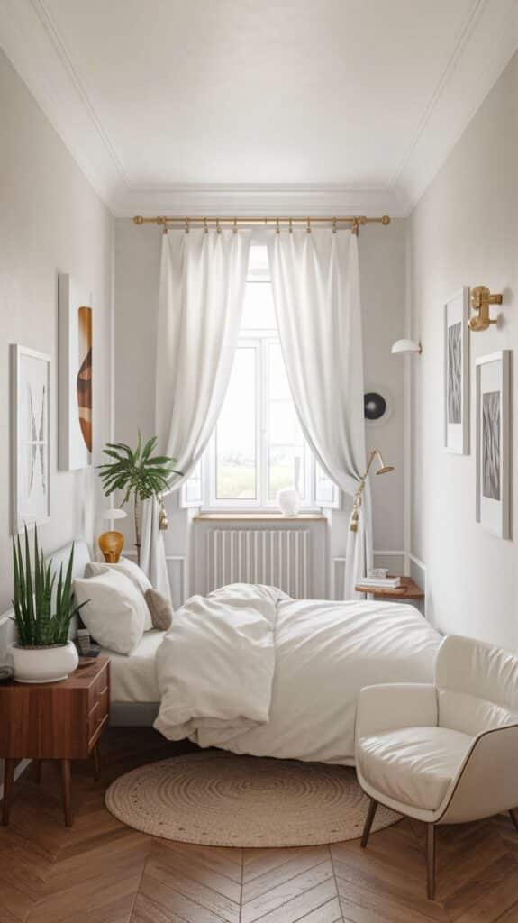 Minimalist bedroom design with white bedding, wooden furniture, and indoor plants, featuring a sunlit window.