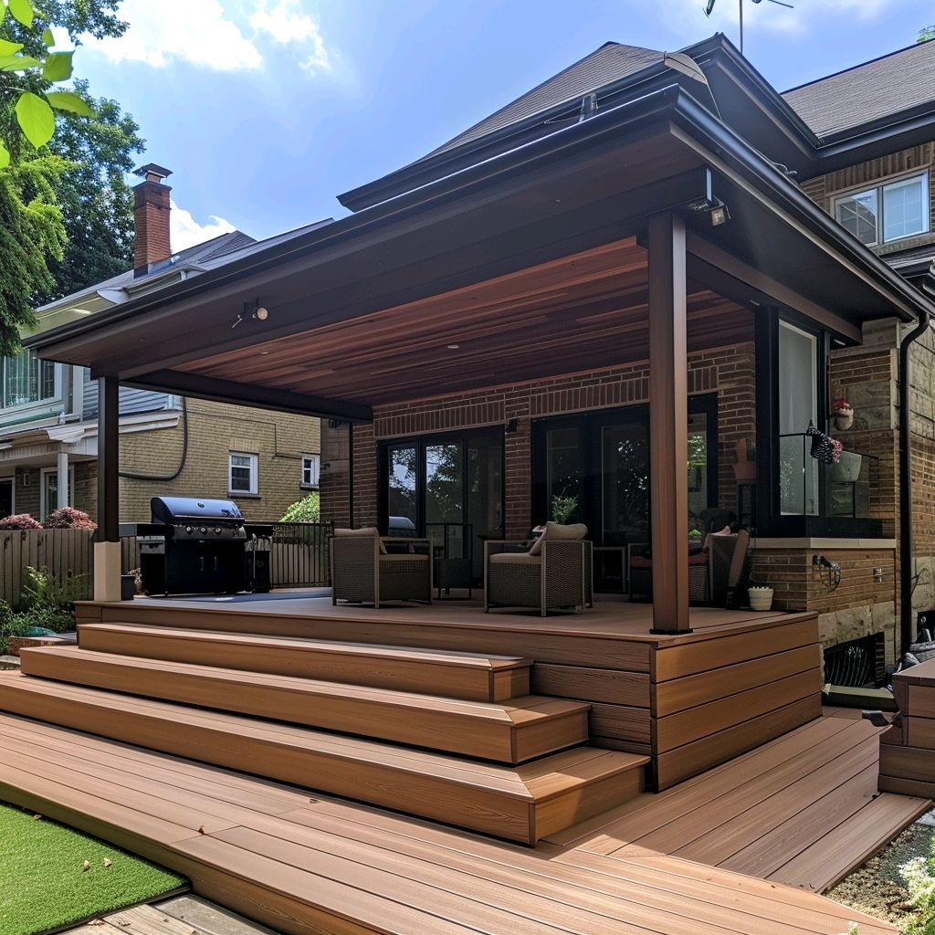 56495116ba64308f2cb59035e566d5df Modern backyard patio with wooden deck, pergola, and seating area, perfect for outdoor relaxation and dining. | Sky Rye Design Modern backyard patio with wooden deck, pergola, and seating area, perfect for outdoor relaxation and dining.