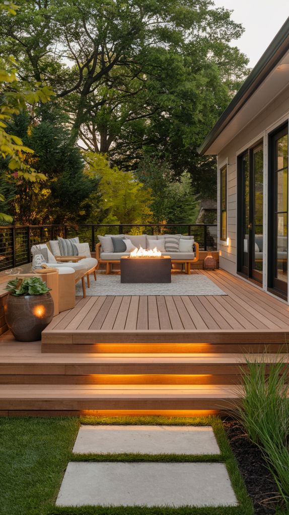 Modern outdoor patio with wooden decking, cozy seating, fire pit, and ambient lighting, surrounded by lush greenery.