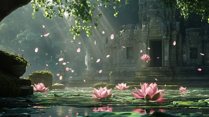 5826edbf-cb74-41f6-9821-cbf59b71b7d9 Temple surrounded by serene lotus flowers and sunlit petals floating on water, creating a tranquil, mystical atmosphere. | Sky Rye Design Temple surrounded by serene lotus flowers and sunlit petals floating on water, creating a tranquil, mystical atmosphere.