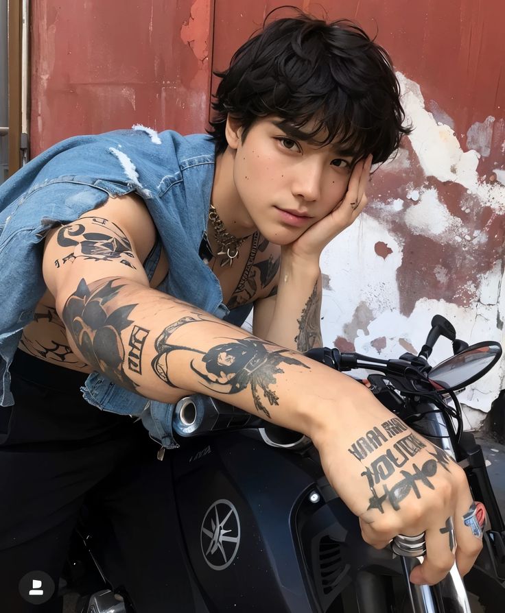 Young person with tattoos on a motorcycle, wearing a blue denim vest, leaning against a red vintage wall background.
