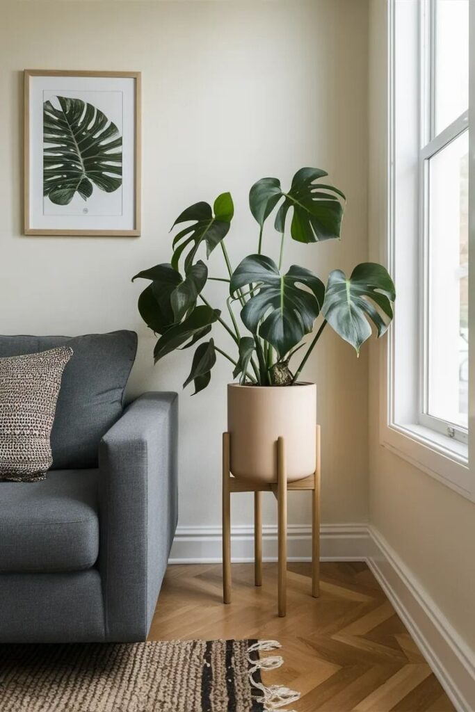 5859f00ac01e3b80e10347d0a0c8e671 Stylish living room with Monstera plant by the window, framed leaf art, gray sofa, textured pillow, and chevron flooring. | Sky Rye Design Stylish living room with Monstera plant by the window, framed leaf art, gray sofa, textured pillow, and chevron flooring.