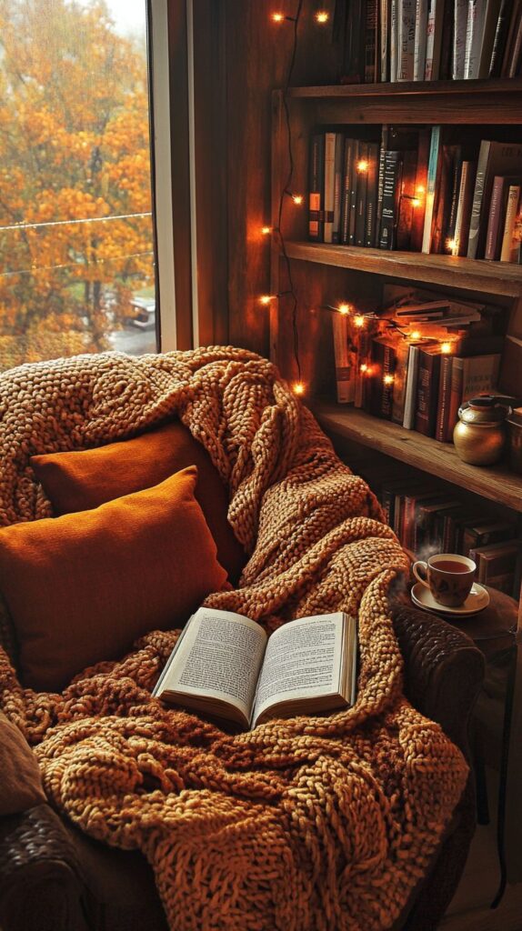 Cozy reading nook with open book, knit blanket, and warm lights by window, perfect for autumn relaxation.
