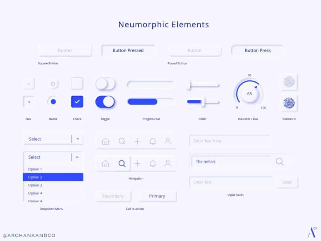 Neumorphic UI elements including buttons, sliders, toggles, and dropdowns for a modern, minimalist design interface.