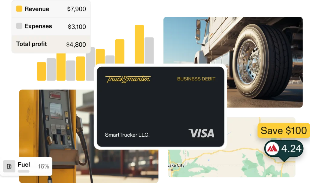 5QLswSGdbJIZxJqiJ7ZPjLUkt0 TruckSmarter business debit card showing revenue, profit, and expenses with images of fuel, a truck, and a map. | Sky Rye Design TruckSmarter business debit card showing revenue, profit, and expenses with images of fuel, a truck, and a map.