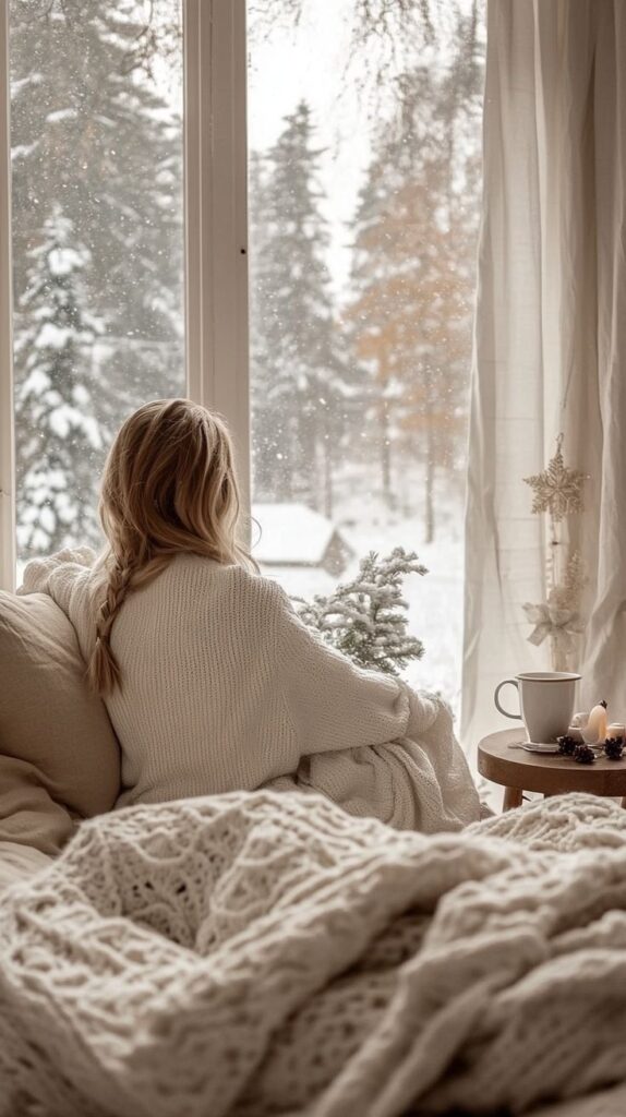 5af90eb3-5e14-4dfb-b95b-1bf063ca9603 Cozy winter scene: woman in a sweater gazes at snowy forest through window, with cup and candle on side table. | Sky Rye Design Cozy winter scene: woman in a sweater gazes at snowy forest through window, with cup and candle on side table.