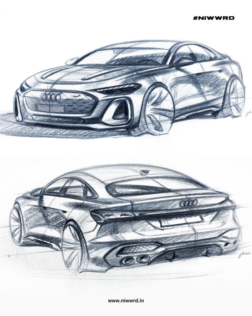 5b10bcf61c0f138bdcc9f21ee404c012 Pencil sketches of a sleek, futuristic car design, showcasing front and rear views with detailed styling. | Sky Rye Design Pencil sketches of a sleek, futuristic car design, showcasing front and rear views with detailed styling.