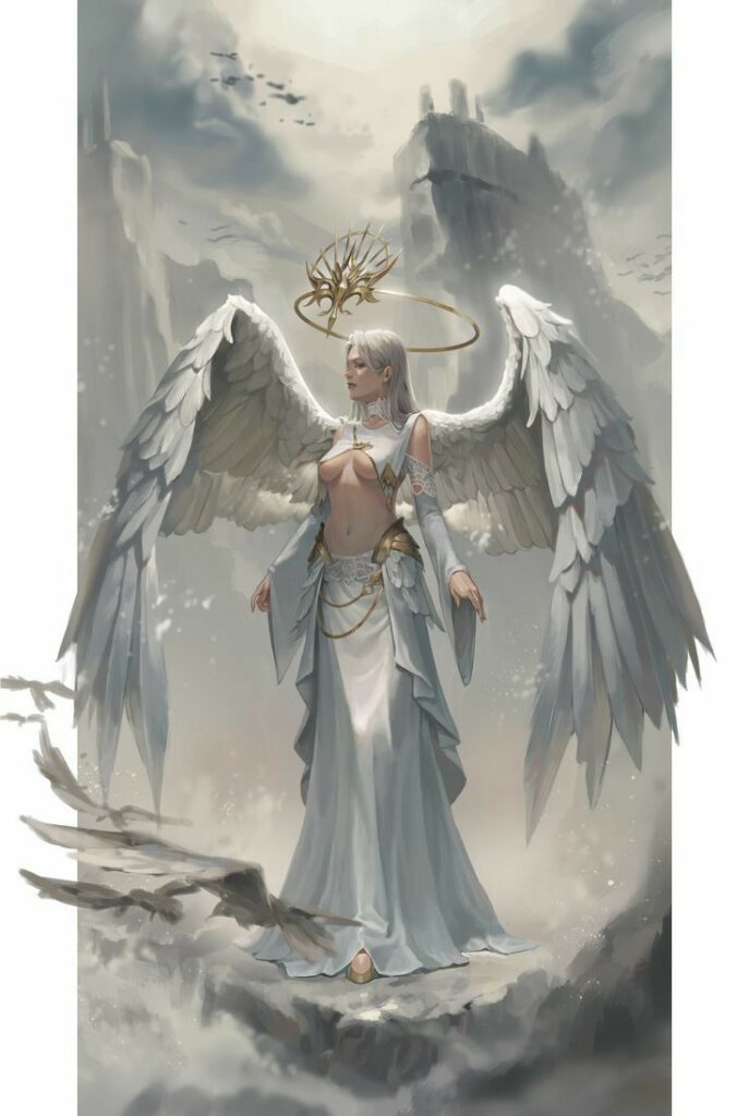 Fantasy angel with white wings and halo standing on a cliff, surrounded by clouds and mountains.
