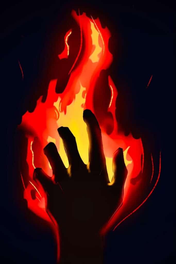Hand reaching into fiery flames, glowing with intense red and orange tones against a dark background.