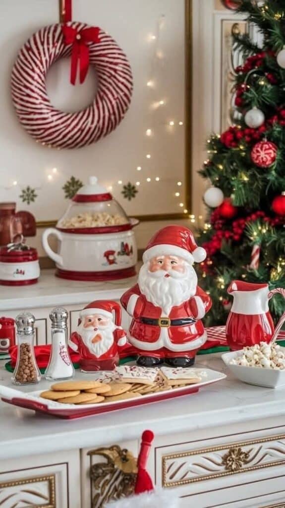 Festive Christmas kitchen setup with Santa decor, cookies, and popcorn by a decorated tree and wreath.