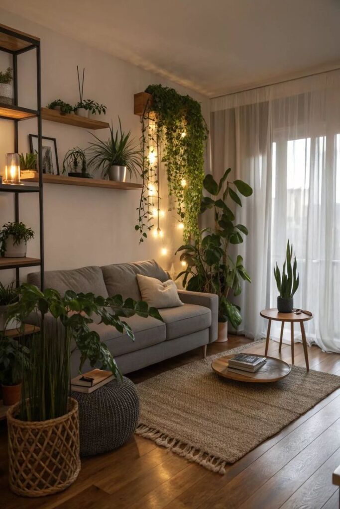 Cozy living room with gray sofa, indoor plants, wooden shelves, soft lighting, and sheer curtains.