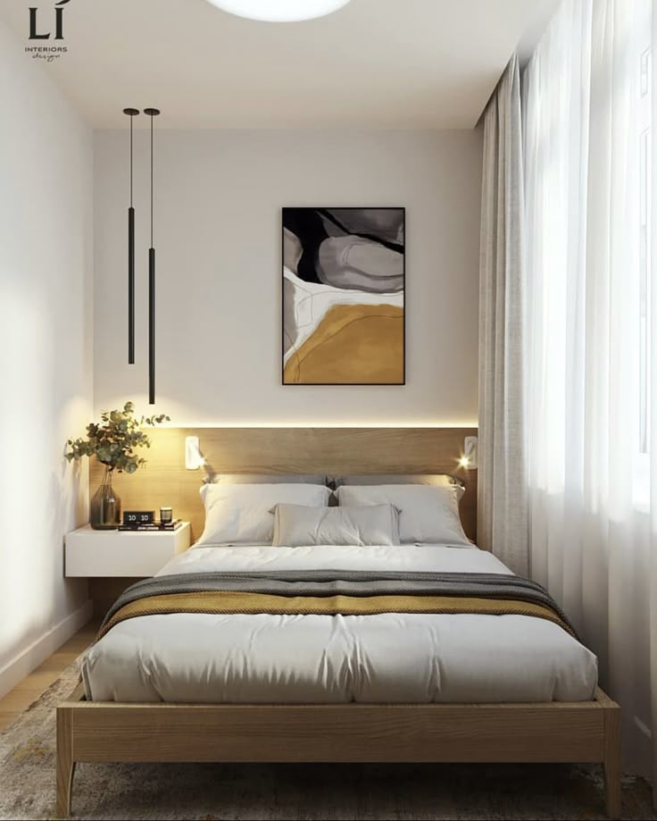 Modern bedroom with wooden bed, abstract wall art, pendant lights, and a cozy ambiance.