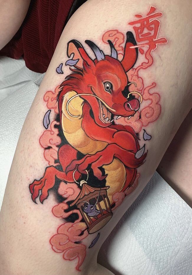 5d1d62a8-6c7c-4b81-b36b-d22820a97329 Vibrant red dragon tattoo on skin, holding a small cage, surrounded by swirling smoke and kanji symbol. | Sky Rye Design Vibrant red dragon tattoo on skin, holding a small cage, surrounded by swirling smoke and kanji symbol.