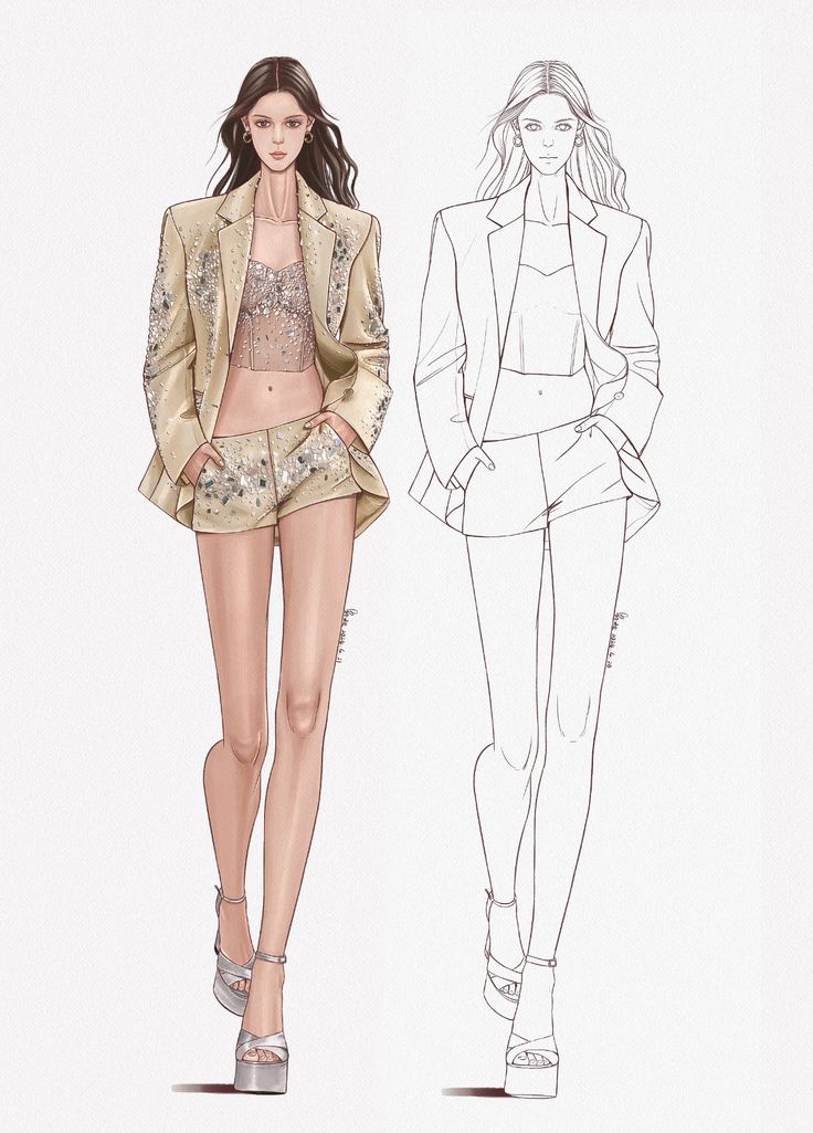 Fashion illustration of a model in a chic embellished blazer and shorts with a sketched outline side by side.