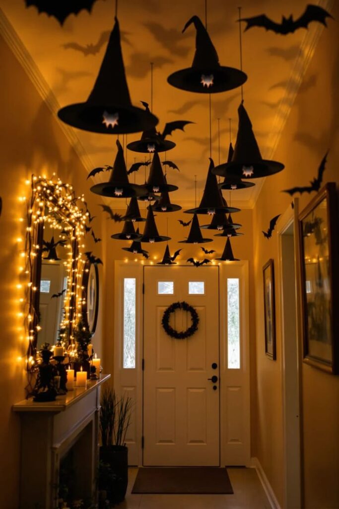 5e1c67936facd49e015f8a0e6eee2850 Halloween-themed entryway with hanging witch hats, bats, candles, and string lights for festive decoration. | Sky Rye Design Halloween-themed entryway with hanging witch hats, bats, candles, and string lights for festive decoration.