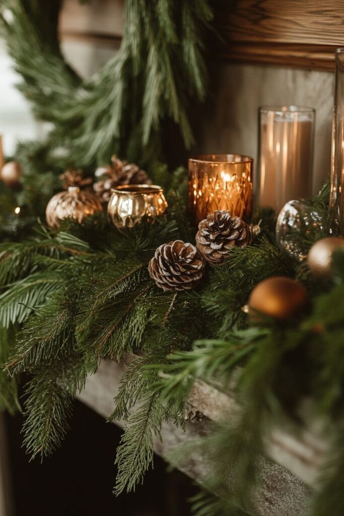 Festive holiday mantel with greenery, pinecones, and gold candles creating a cozy Christmas atmosphere.