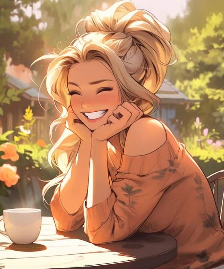 Smiling woman enjoying a sunny morning in a garden with a coffee cup on the table. Bright, cheerful illustration.