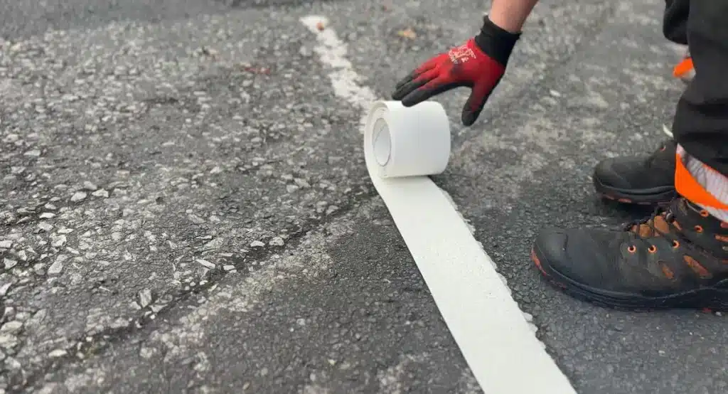 5m-road-line-markings-thermoplastic-roll-premium-quality5m-road-line-markings-thermoplastic-roll-premium-qualityyellow-882695 Applying white tape for road marking on asphalt surface. Worker with gloves and boots ensures alignment. | Sky Rye Design Applying white tape for road marking on asphalt surface. Worker with gloves and boots ensures alignment.