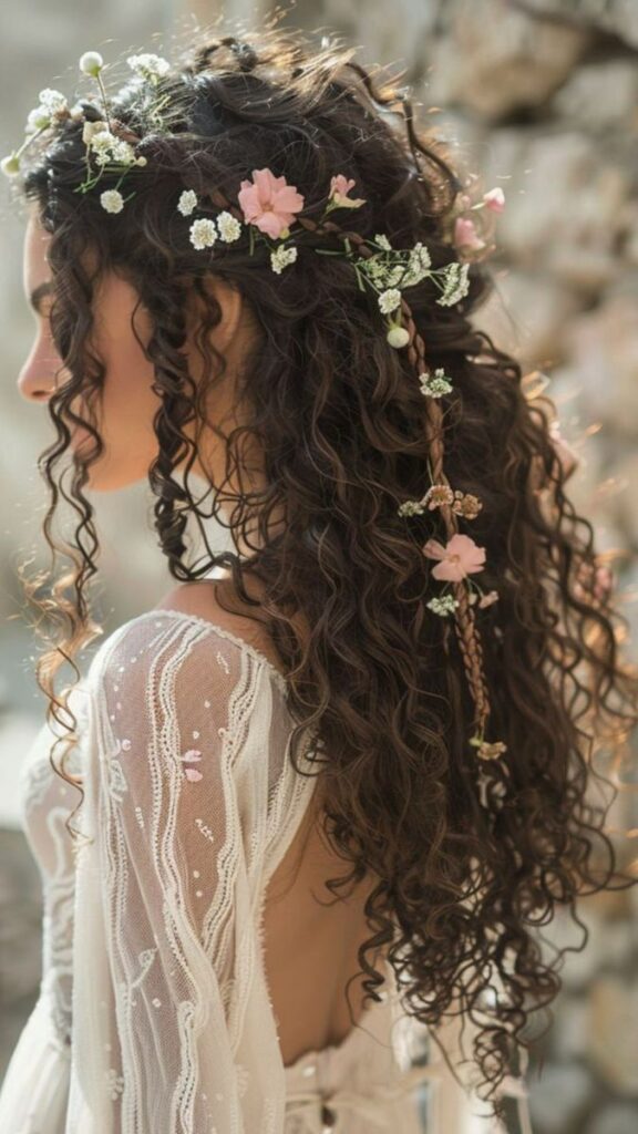 Brunette with long curly hair and floral headpiece, wearing a lace dress, in a serene outdoor setting.