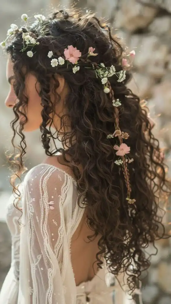 Brunette with long curly hair and floral headpiece, wearing a lace dress, in a serene outdoor setting.