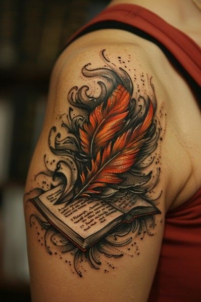 _ 6 Tattoo of vibrant red feather quill and open book on arm, symbolizing creativity and knowledge. | Sky Rye Design Tattoo of vibrant red feather quill and open book on arm, symbolizing creativity and knowledge.
