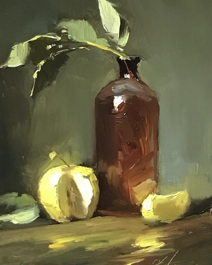 Still life painting of a brown bottle with apples and leaves on a table, creating a serene, artistic ambiance.