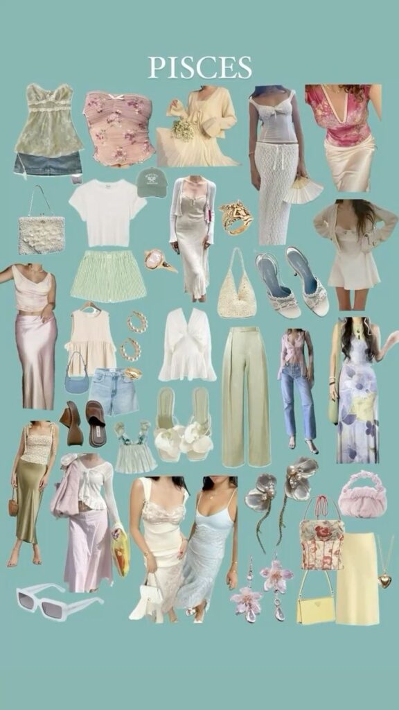 _ 6 Various Pisces-themed outfits and accessories in pastel colors on a turquoise background. Fashion inspiration. | Sky Rye Design Various Pisces-themed outfits and accessories in pastel colors on a turquoise background. Fashion inspiration.